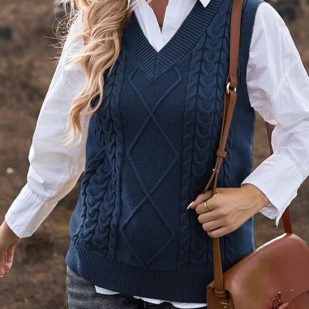 V-Neck Sleeveless Solid Color Loose Pullover Sweater Vest NAVY Blue - Size MED